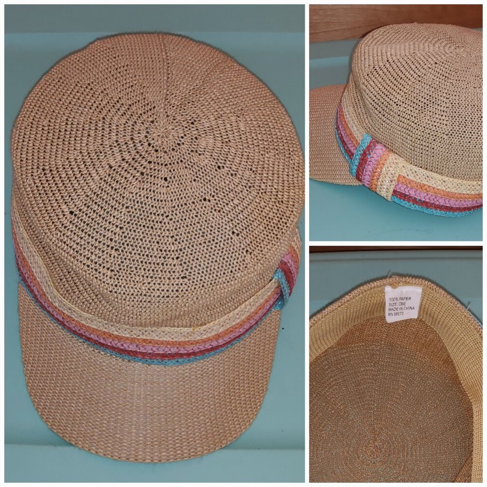 100% Paper Straw Newsboy Cap Hat Boho Summer Beach Cabbie Cadet Colorful Band